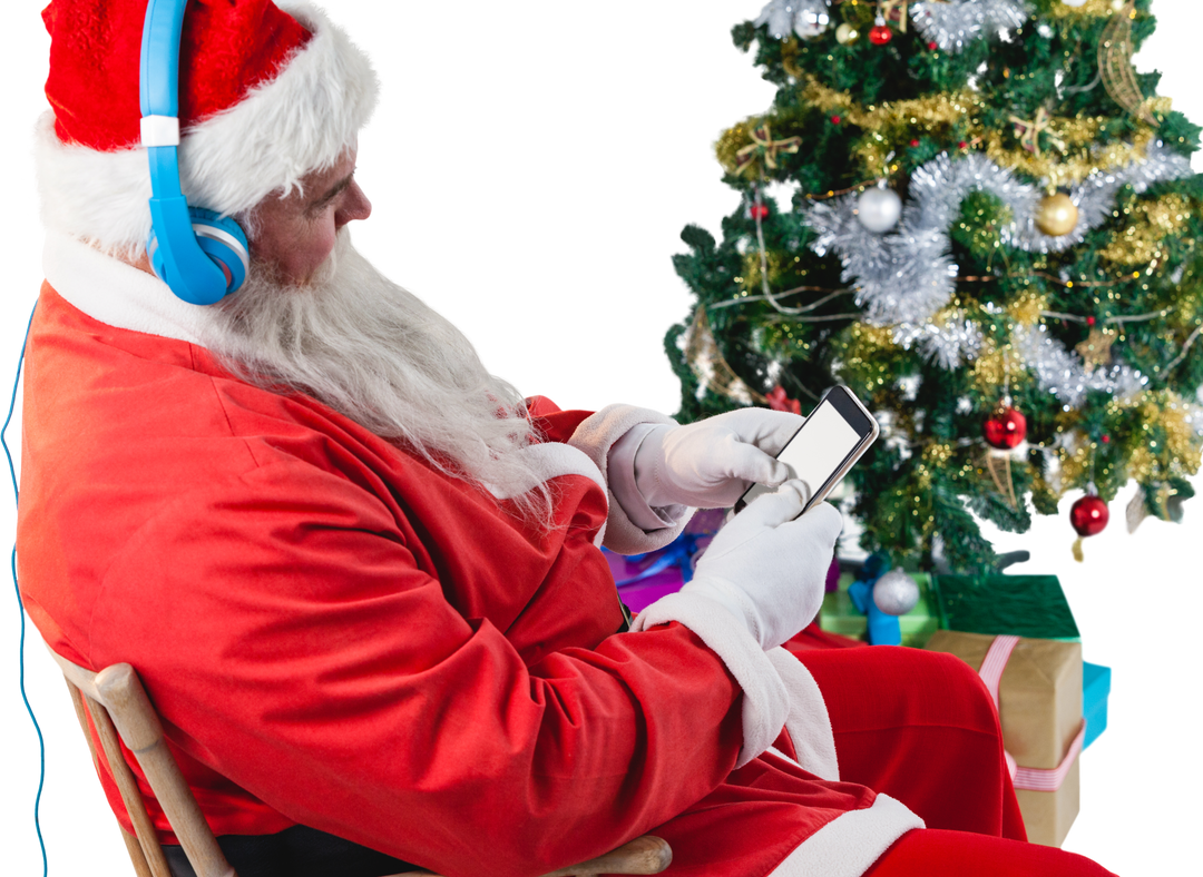 Transparent Santa Claus Using Mobile Phone by Christmas Tree with Gifts - Download Free Stock Images Pikwizard.com