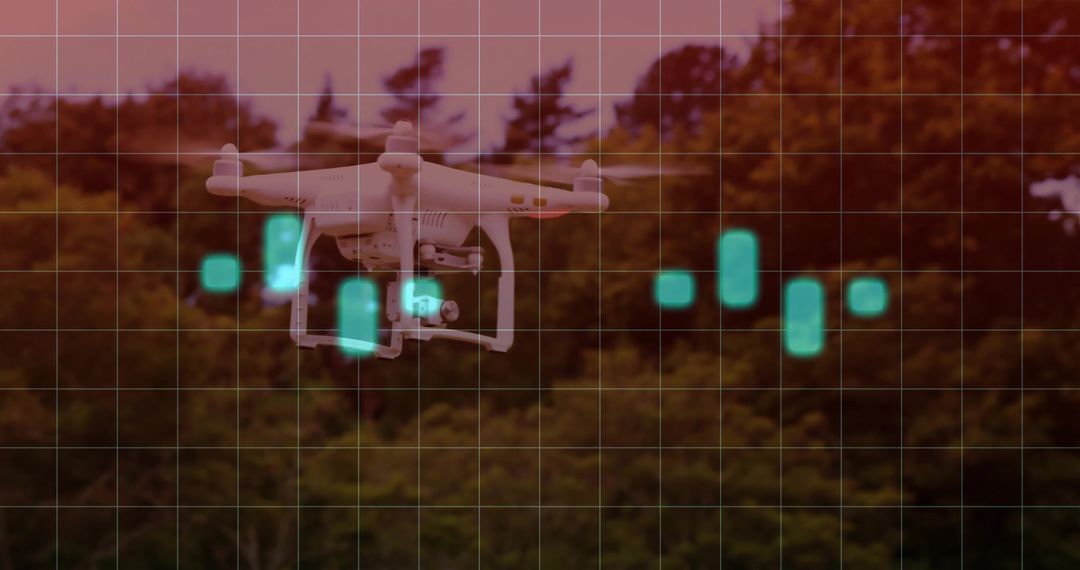 Hovering White Quadcopter Over Forest with Teal HUD Telemetry Grid at Dusk