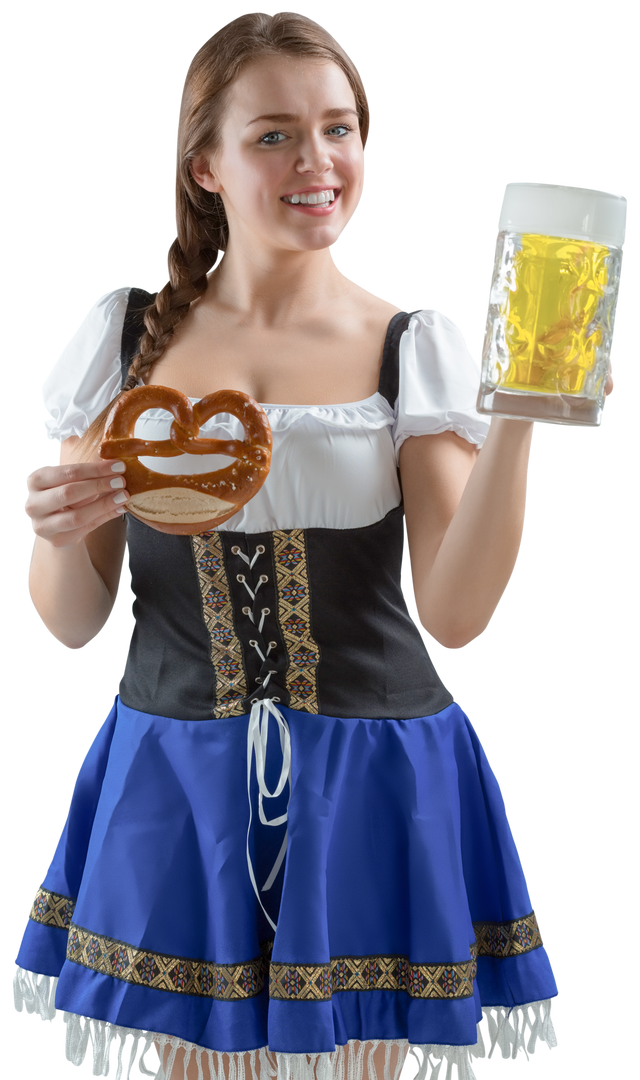 Smiling Woman in Oktoberfest Dress Holding Beer and Pretzel, Transparent Background - Download Free Stock Images Pikwizard.com