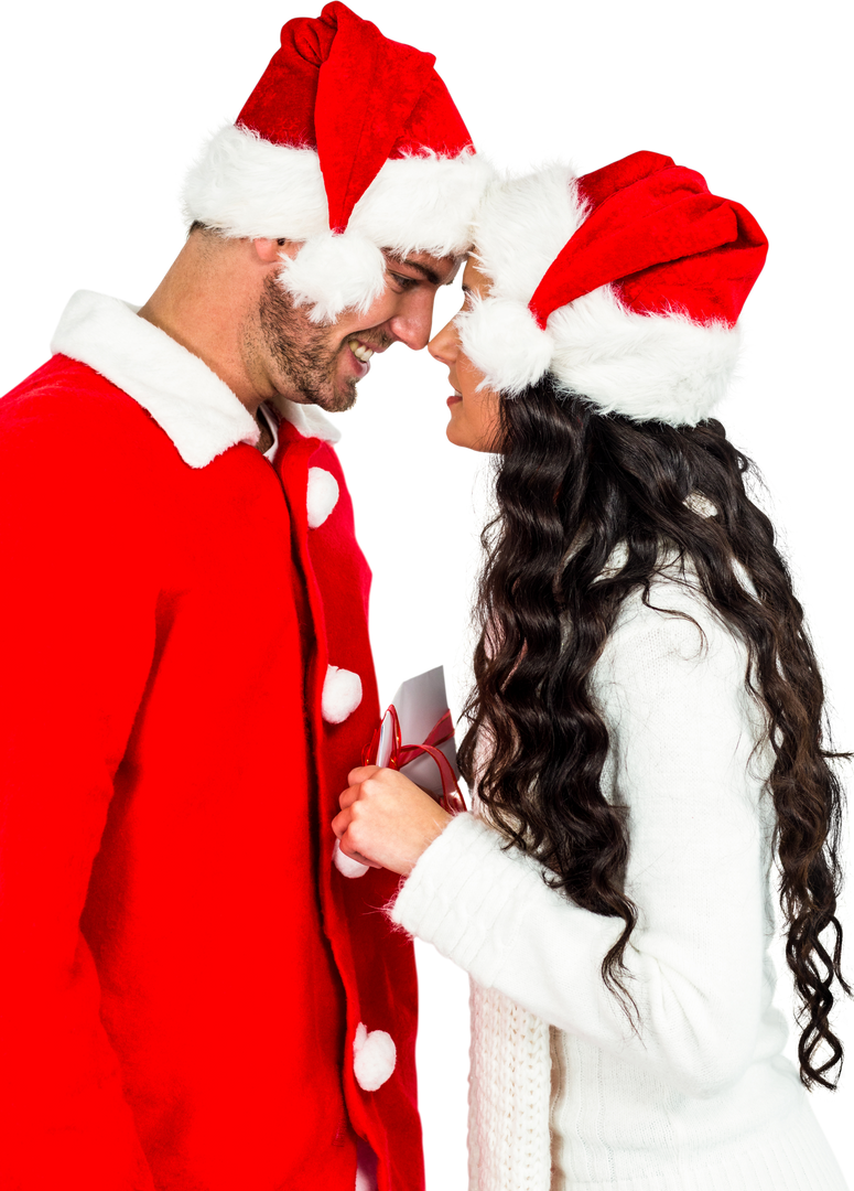 Festive Couple with Santa Hats Exchanging Gift Transparent Background - Download Free Stock Images Pikwizard.com