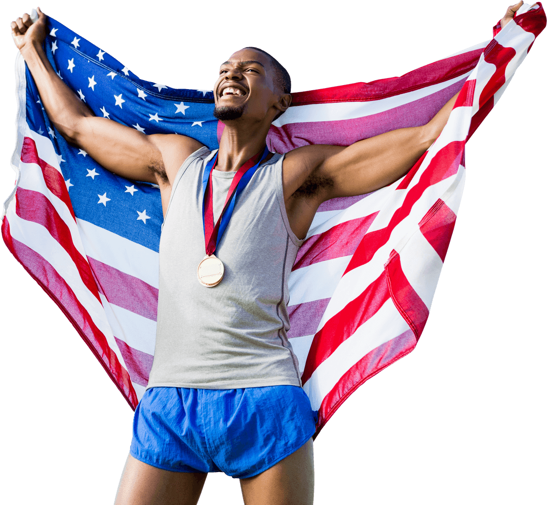 Triumphant Athlete with USA Flag and Gold Medal on Transparent Background