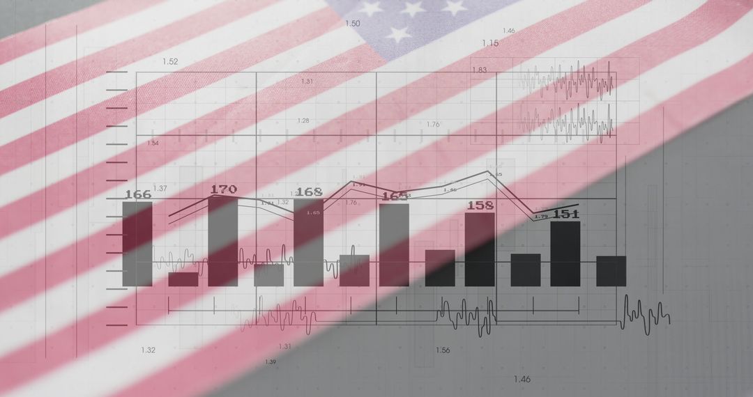 US Flag Overlaying Stock Market Data Visualization