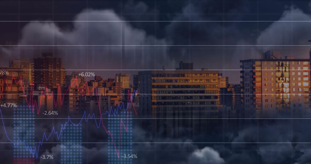 Digital Financial Data Visualized Over Moody Urban Skyline