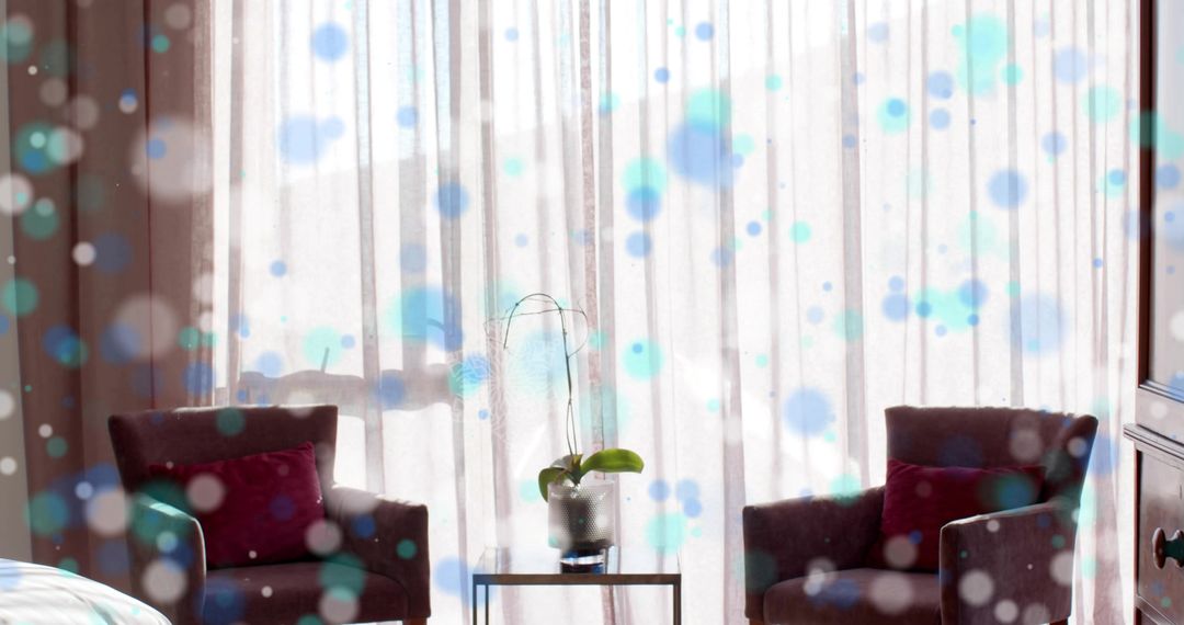 Sunlit Hotel Sitting Area Featuring Pair of Armchairs, Orchid on Glass Table, Soft Bokeh