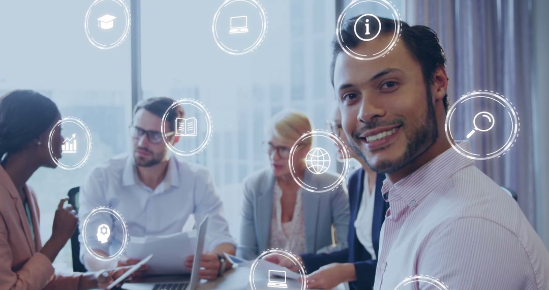 Diverse Business Team with Digital Data Interfaces in Modern Office