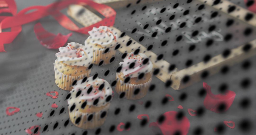 Romantic Cupcakes with White Frosting and Heart Confetti Through Decorative Black Mesh