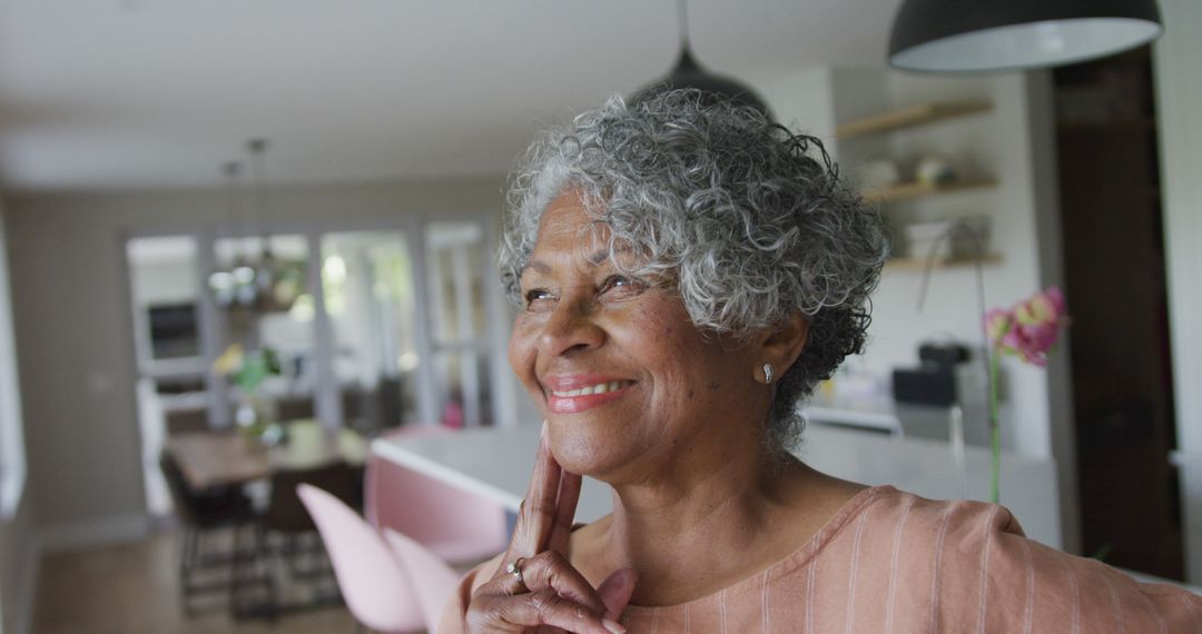 Smiling Senior Woman Reflecting in Modern Kitchen - Free Images, Stock Photos and Pictures on Pikwizard.com