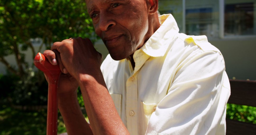 Contemplative Senior Man with Walking Stick in Garden