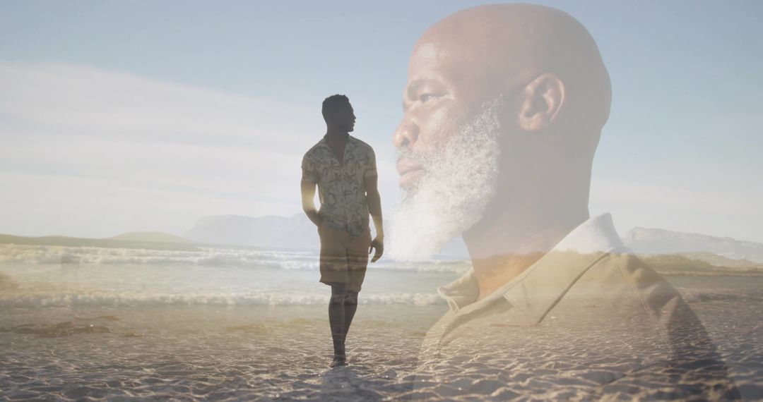 Generational Harmony: Silhouette of Man Walking Beach with Father Overlaid