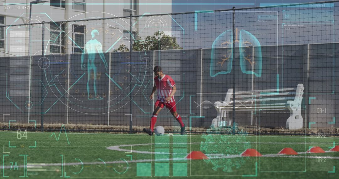 Futuristic Data Interface Over Footballer Training on Pitch