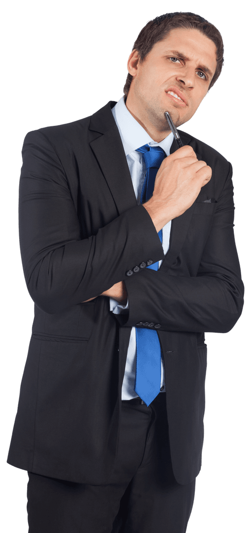 Conflicted Businessman in Suit Showing Frustration in Transparent Setting