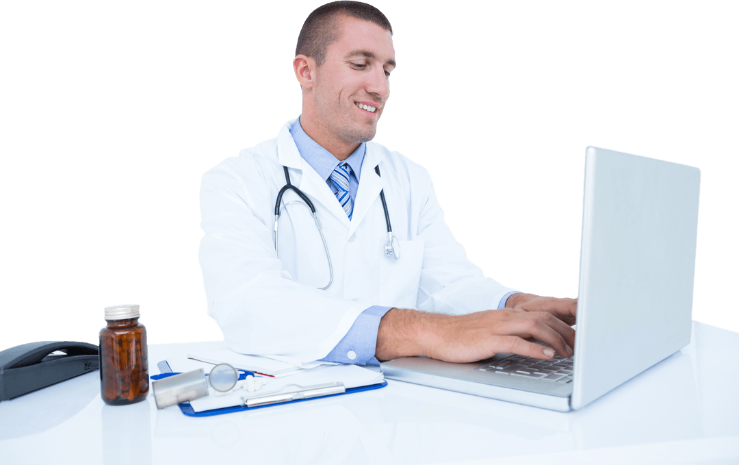 Transparent Doctor Smiling Using Laptop at Desk with Clipboard