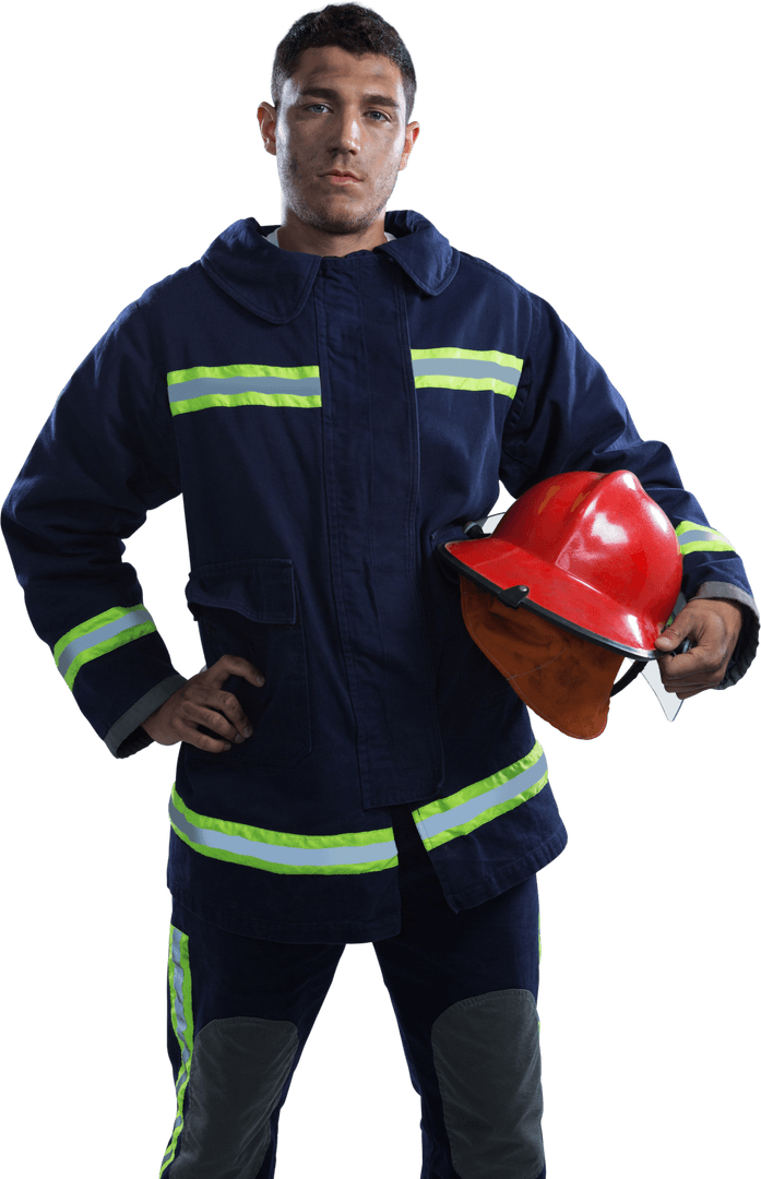 Caucasian Fireman Standing Confidently with Helmet on Transparent Background