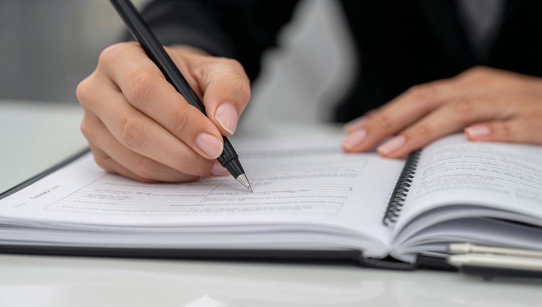 Professional Woman Completing Office Documents with Form and Pen