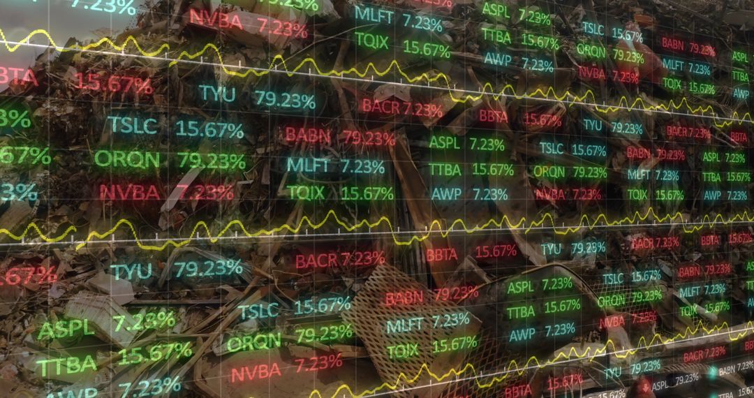 Dynamic Stock Market Data Displayed Over Scrap Metal Heap Background
