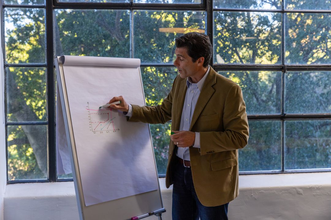 Professional Man Presenting Data with Flipchart in Bright Office