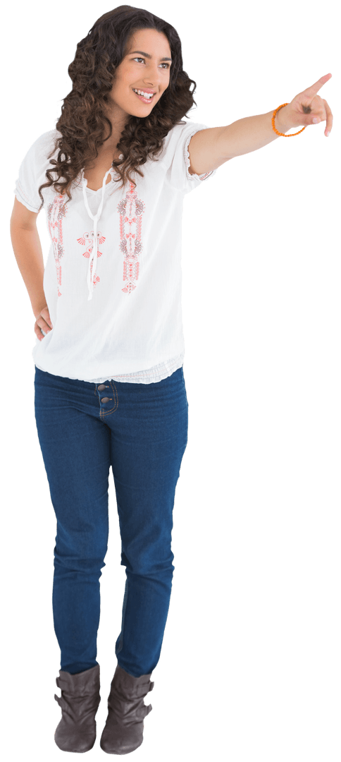 Cheerful Woman Pointing Upstanding in Transparent Background