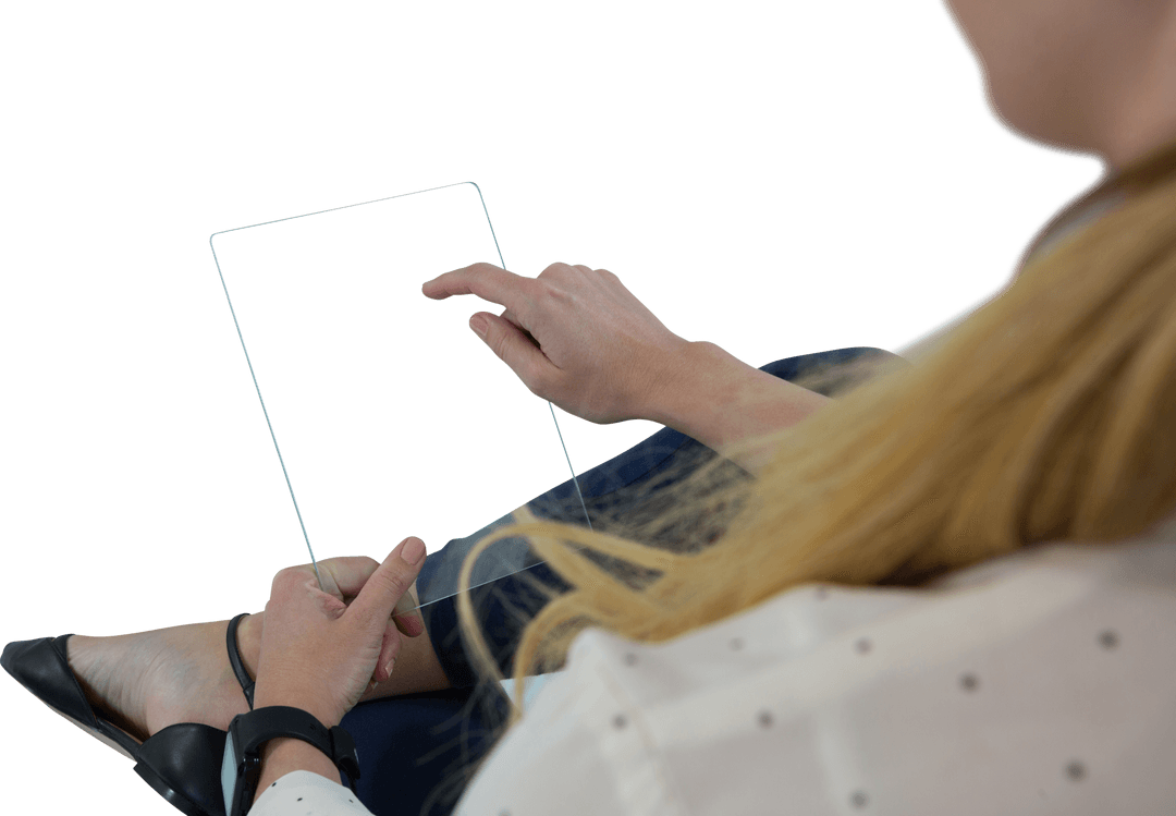 Professional Female Using Transparent Digital Tablet in Corporate Setting