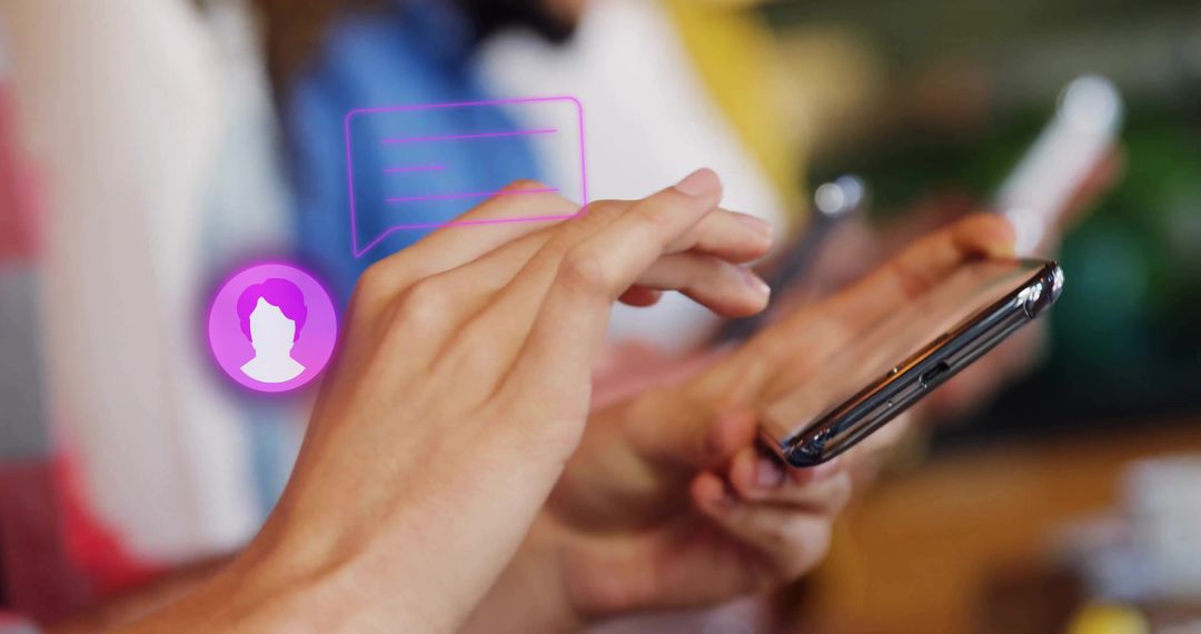 Hand Tapping on Smartphone with Digital Chat Bubble Overlay