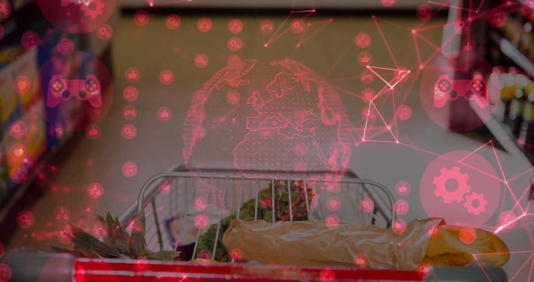 Shopping Cart with Digital Network Connections Illustrating Retail Future