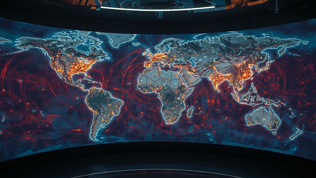Futuristic World Map Display in High-Tech Control Room