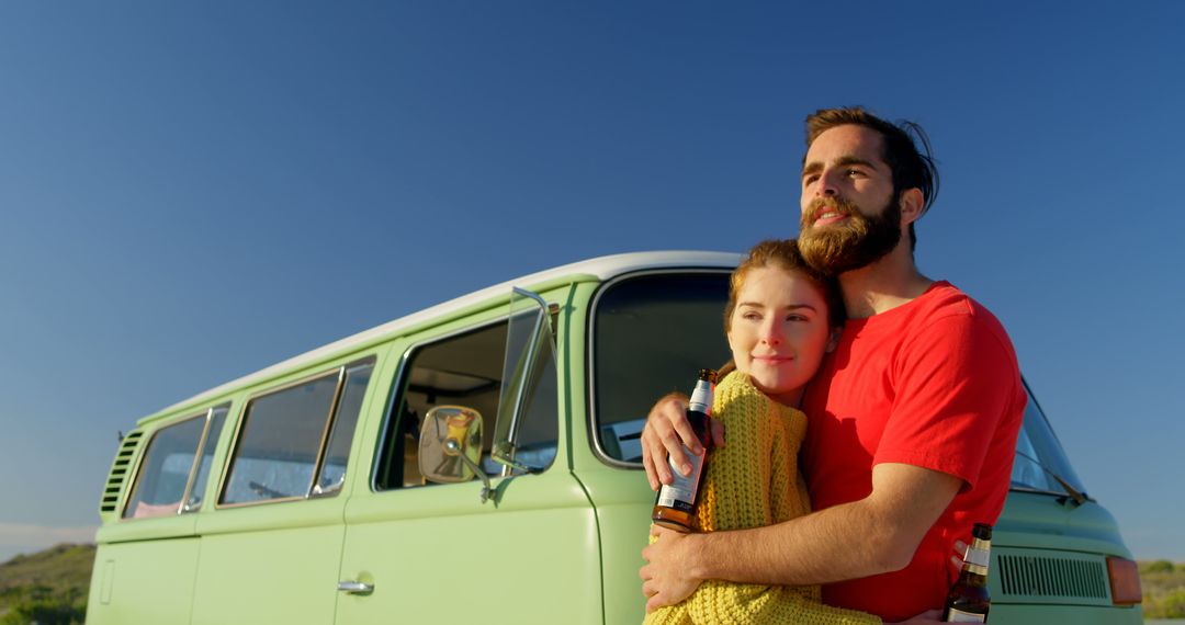 Couple Hugging Near Vintage Van on a Sunny Day - Free Images, Stock Photos and Pictures on Pikwizard.com