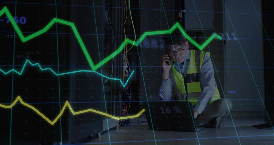 Data Center Technician Inspecting Server Racks, Troubleshooting Cables and Analyzing Network Health