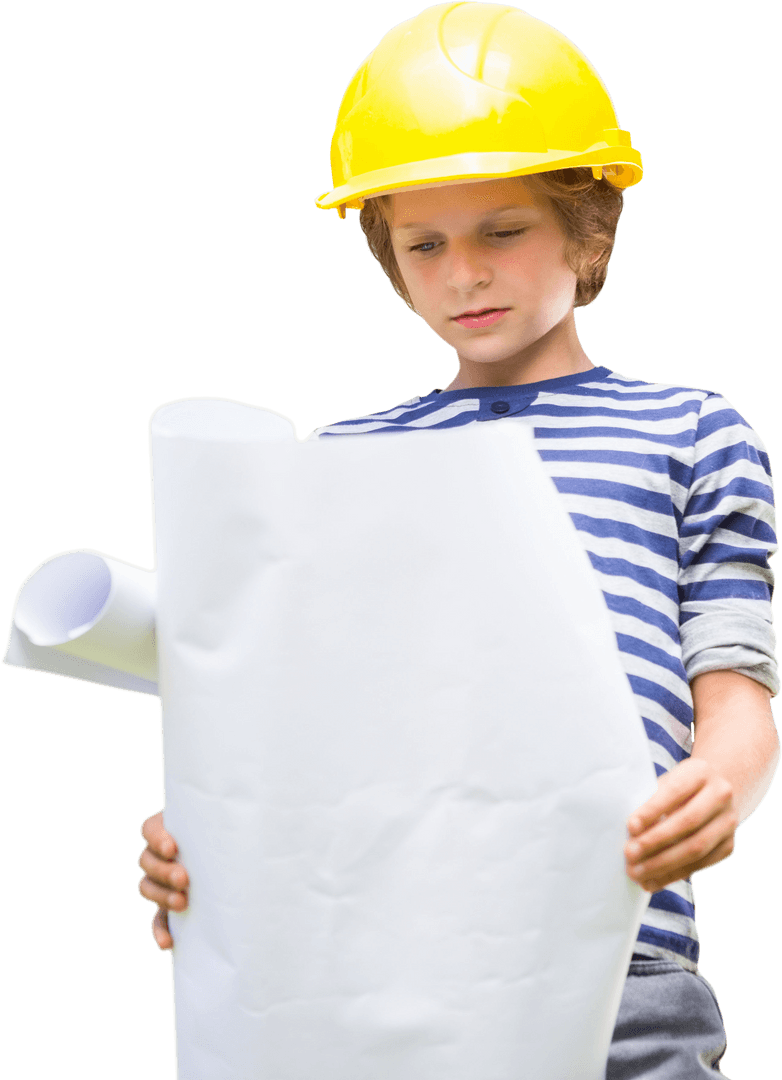 Caucasian Boy Wearing Helmet Holding Blueprint Transparent Background