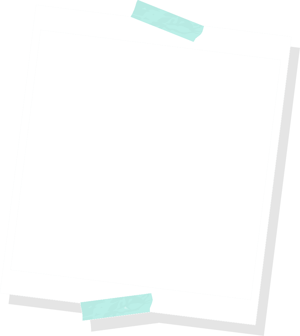 Stacked polaroid frames with teal tape shadows in transparent design