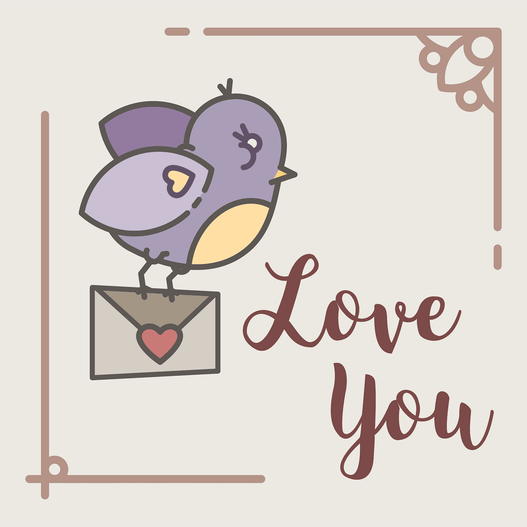 Valentine's Day Bird with Heart Envelope on Transparent Background
