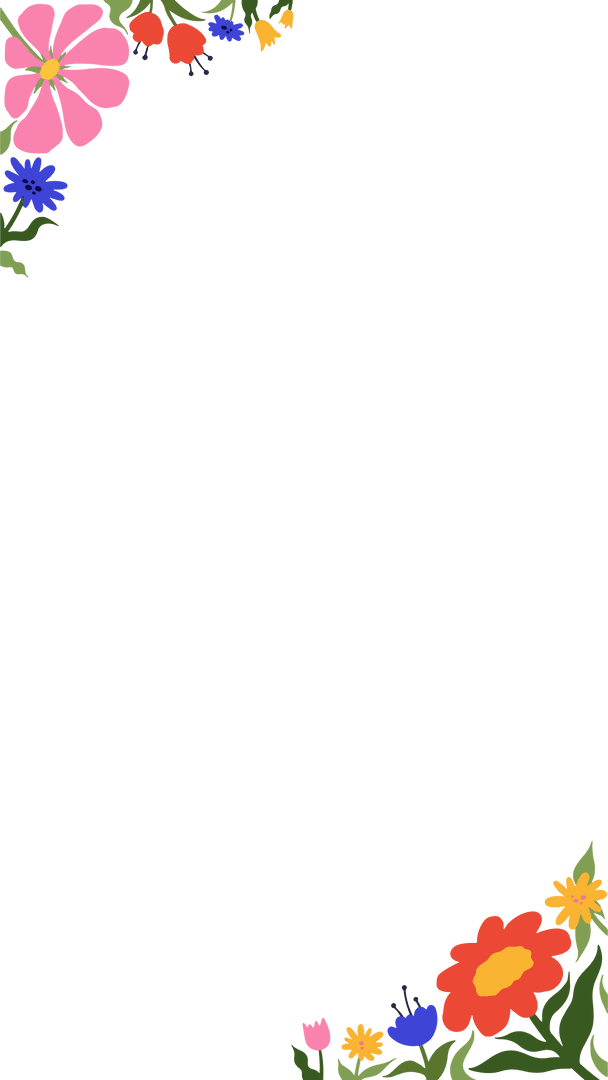 Transparent Botanical Frame with Vibrant Floral Corners and Foliage