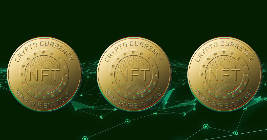 Golden NFT Coins with Digital Blockchain Connects on Dark Background