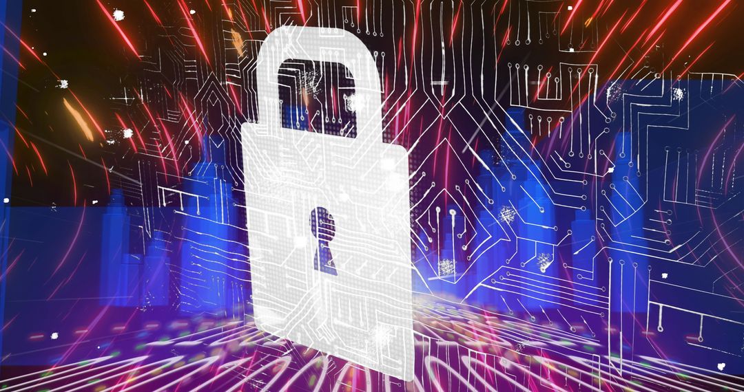 Cybersecurity Padlock with Circuit Board Background