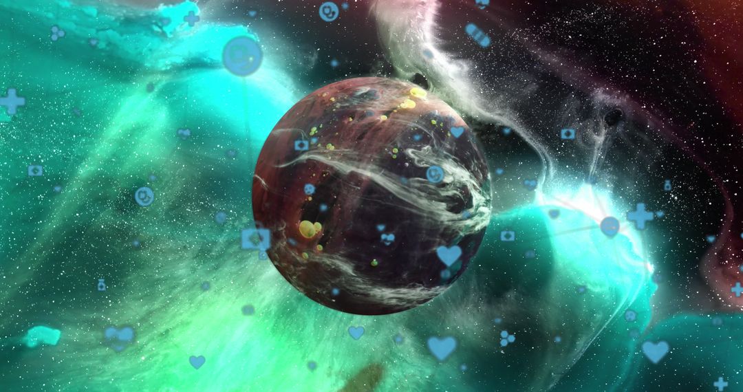 Digital Universe with Connected Icons Over Planet Sphere