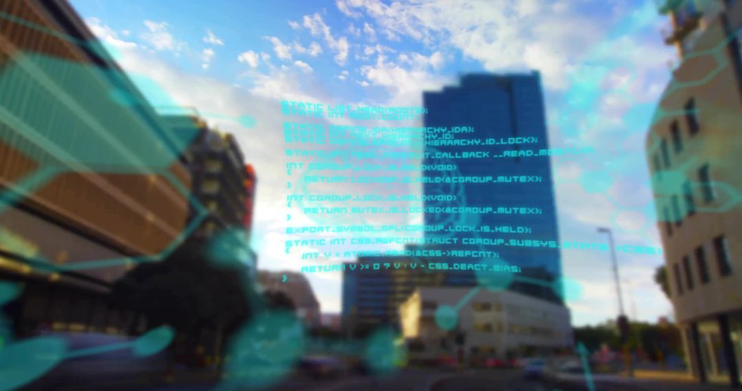 Futuristic Transparent Code Over Urban Cityscape