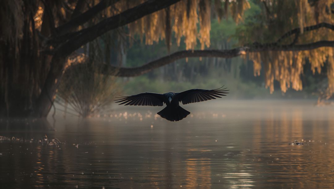 Serene Dawn Flight Over Misty Swamp with Spanish Moss