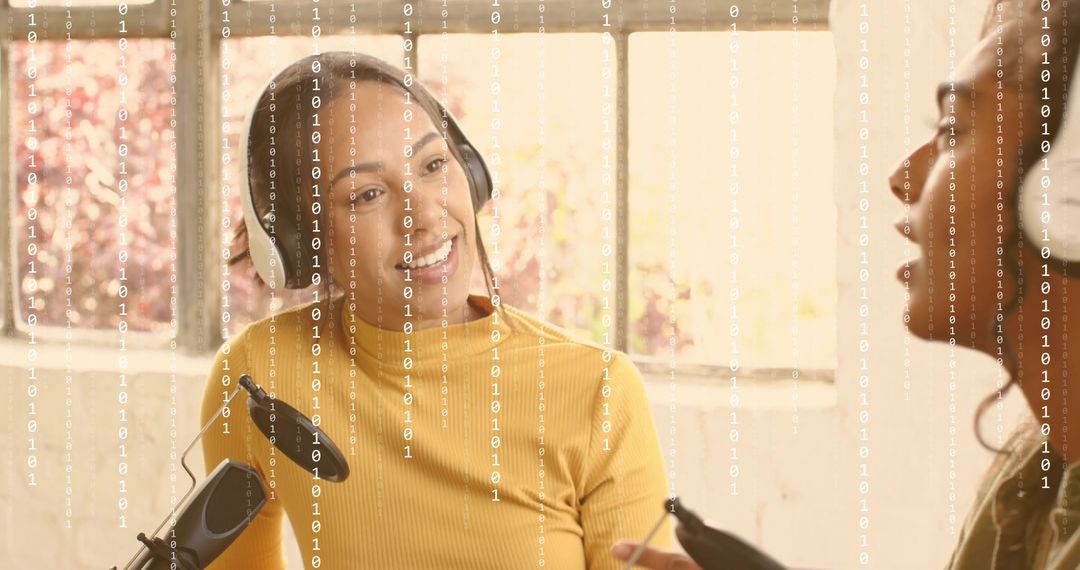 Podcaster Wearing Headphones Recording Interview in Home Studio with Binary Data Overlay