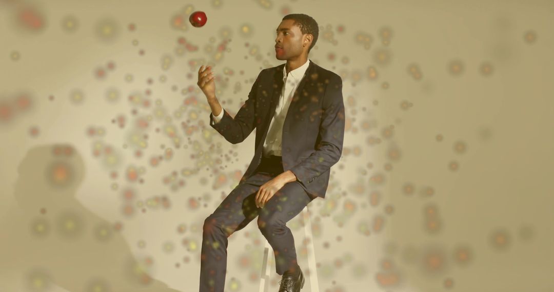 Man Juggling Red Orb in Digital Haze Studio