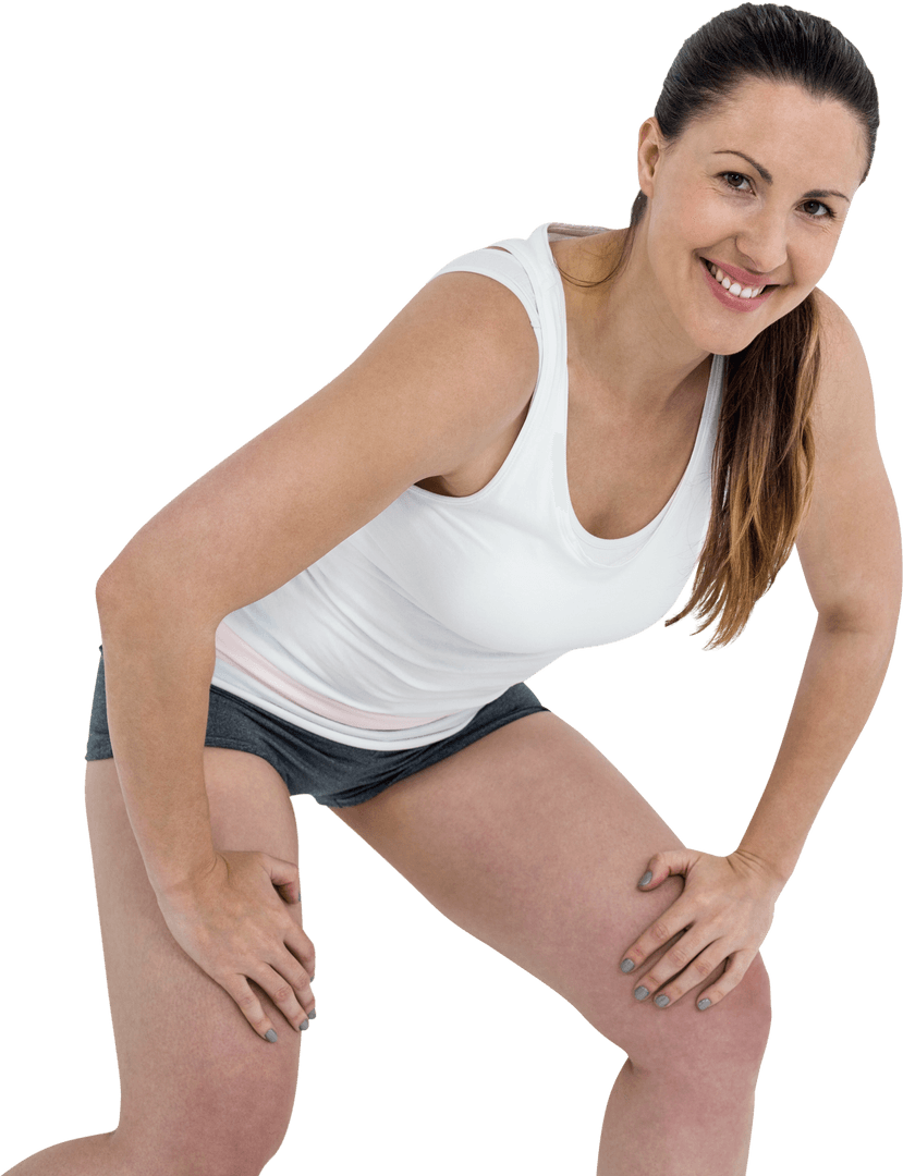 Smiling Caucasian Woman in Athletic Pose on Transparent Background