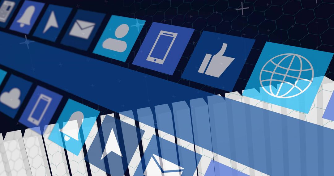 Shifting Digital App Tiles Showing Global Connectivity and Social Media Icons on Hexagonal Grid