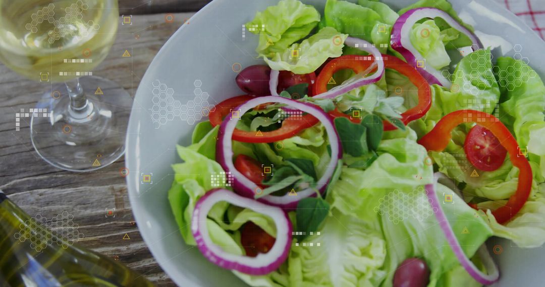 Organic Salad Bowl with Digital Overlay on Rustic Table