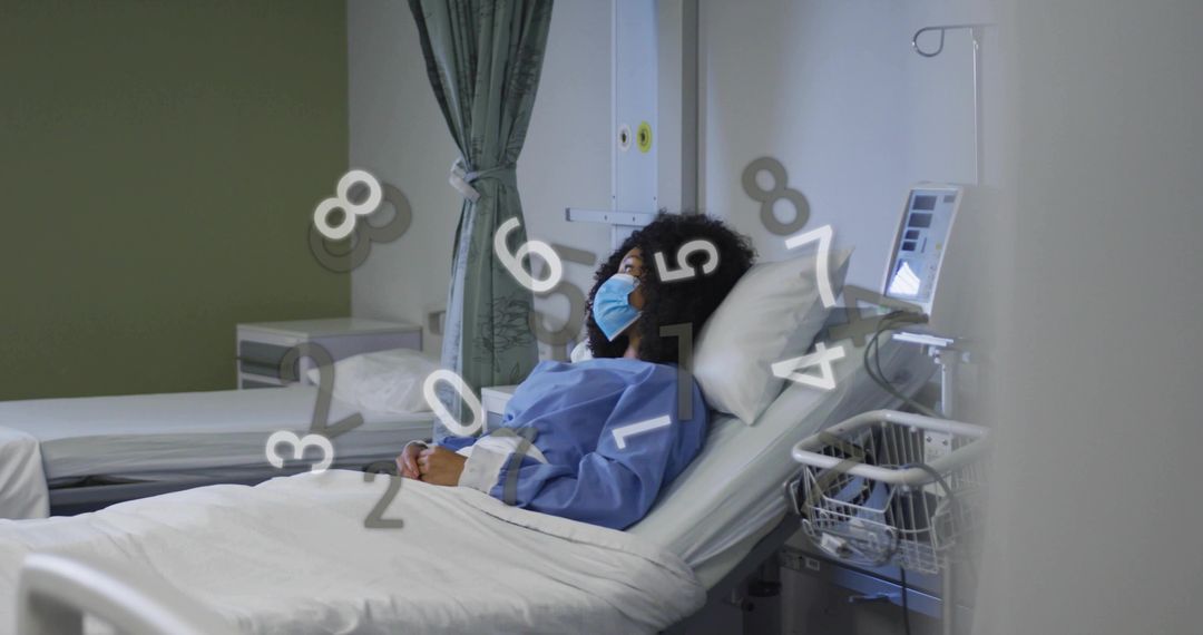 Patient resting in hospital bed wearing surgical mask with digital health data overlay