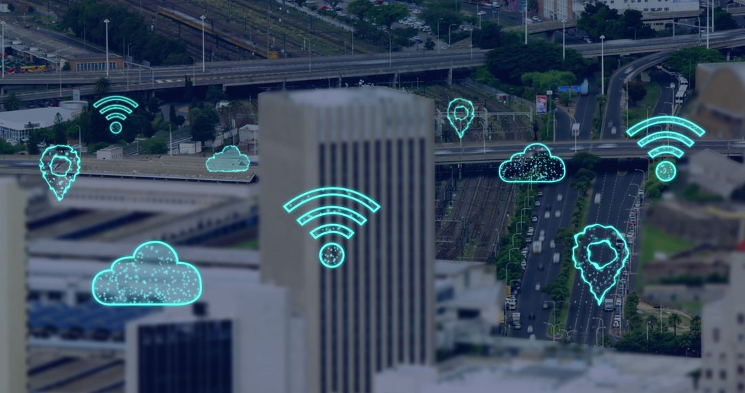 Digital Cloud Computing Icons Overlay on Modern Cityscape
