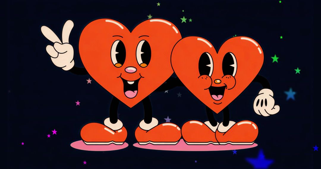 Waving Retro Cartoon Heart Couple Holding Hands in Starry Space Background for Valentine