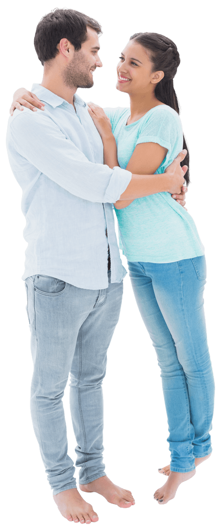 Transparent Young Couple Happy in Casual Embrace