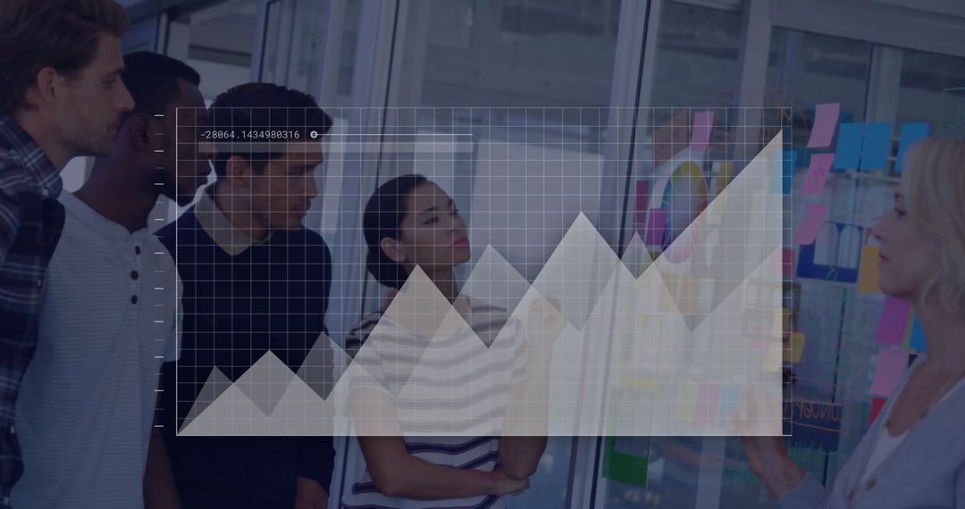 Diverse Team Analyzing Data with Modern Graph Overlay in Office