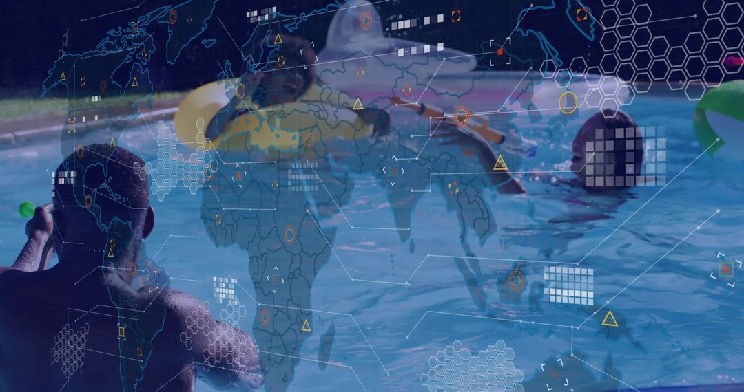 Friends Enjoying Night Pool Party with Futuristic Data Overlays