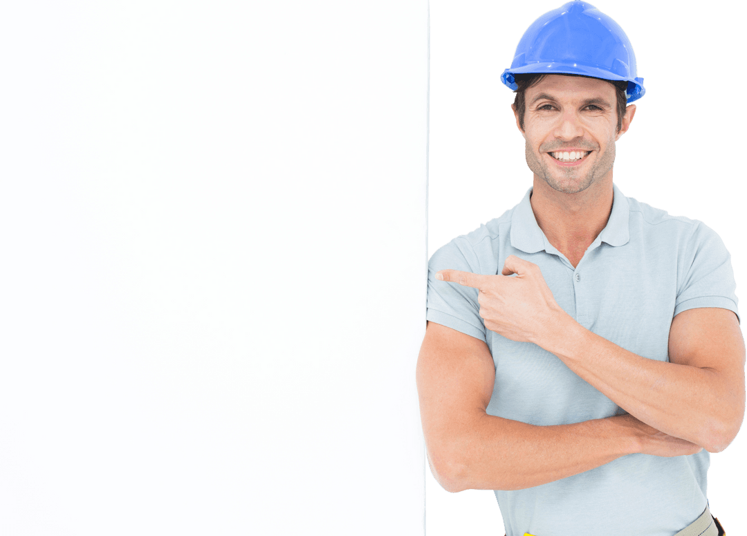 Transparent Smiling Architect Wearing Blue Helmet Pointing at Blank Board