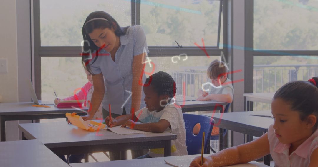 Dedicated Teacher Assisting Young Students in Modern Classroom