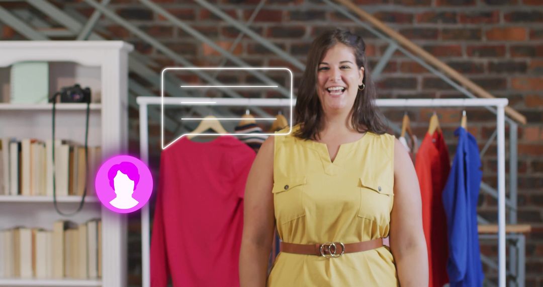 Smiling Stylist Presenting Colorful Garment Collection in Boutique